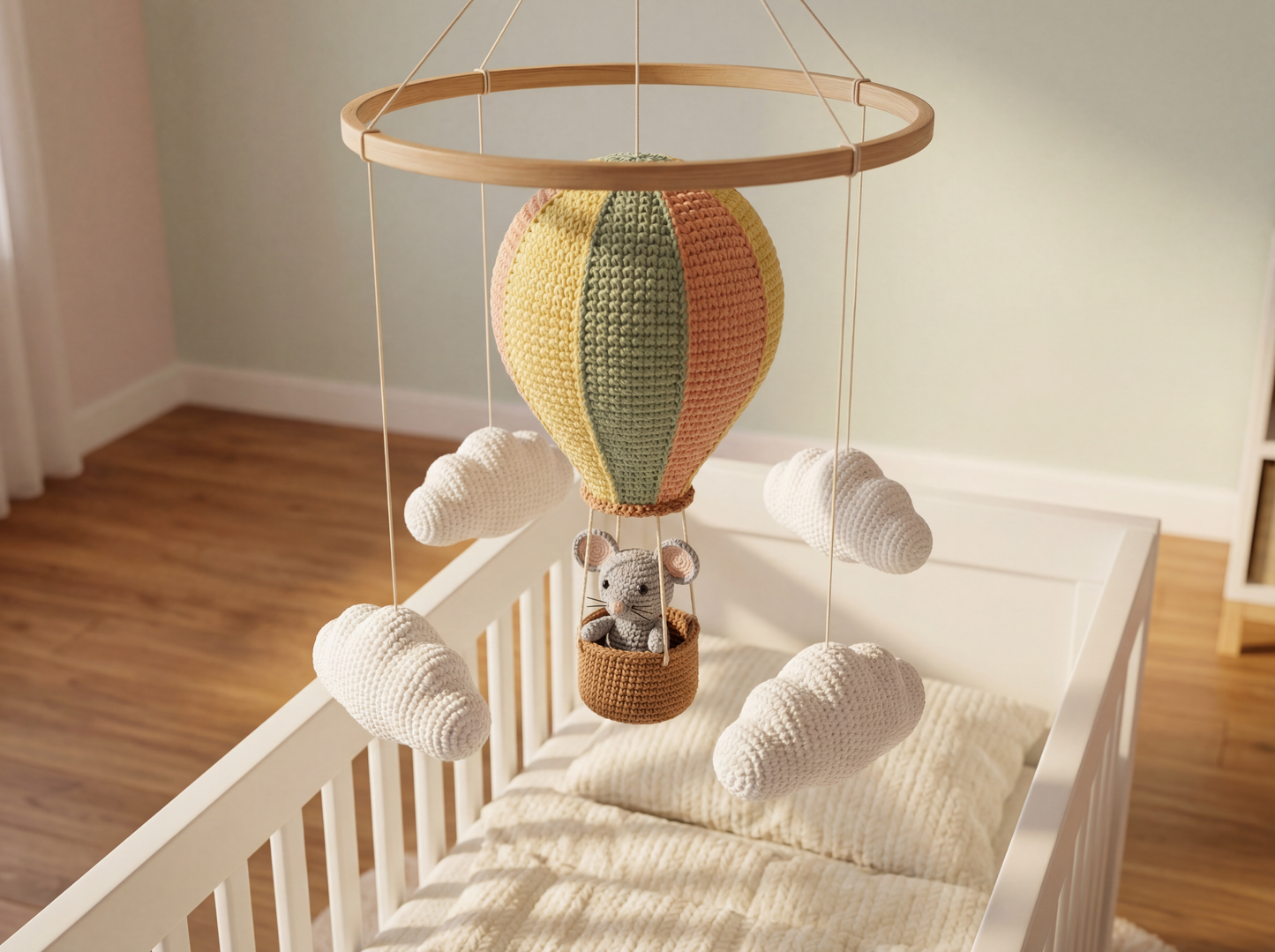 Crochet Mouse Nursery Mobile: Hot Air Balloon & Clouds Pattern