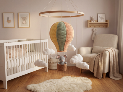 Crochet Mouse Nursery Mobile: Hot Air Balloon & Clouds Pattern